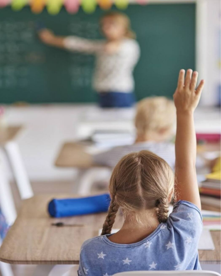 Menina levantando a mão na sala de aula (Altas habilidades ou Superdotação)